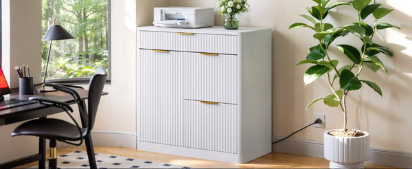 English Elm Freestanding File Cabinet with Charging Station Fluted Design and Adjustable Shelving White W5767P504629