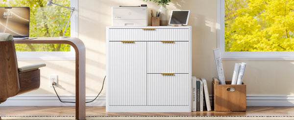 English Elm Freestanding File Cabinet with Charging Station Fluted Design and Adjustable Shelving White W5767P504629