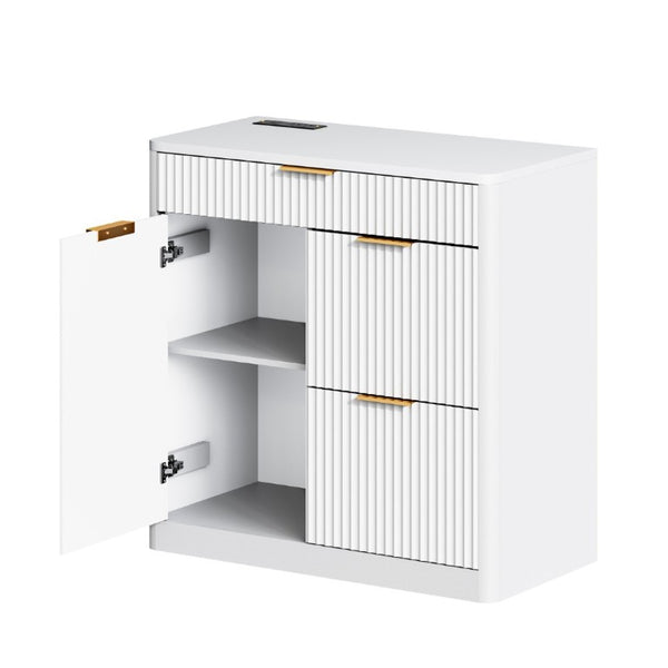 English Elm Freestanding File Cabinet with Charging Station Fluted Design and Adjustable Shelving White W5767P504629