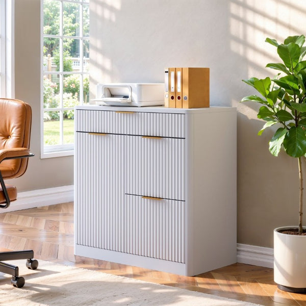 English Elm Freestanding File Cabinet with Charging Station Fluted Design and Adjustable Shelving White W5767P504629
