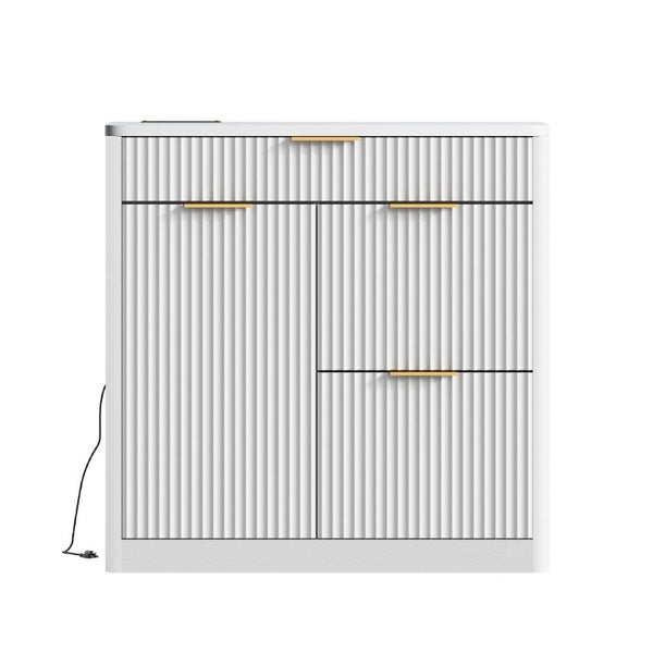 English Elm Freestanding File Cabinet with Charging Station Fluted Design and Adjustable Shelving White W5767P504629