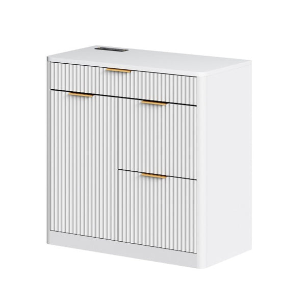 English Elm Freestanding File Cabinet with Charging Station Fluted Design and Adjustable Shelving White W5767P504629