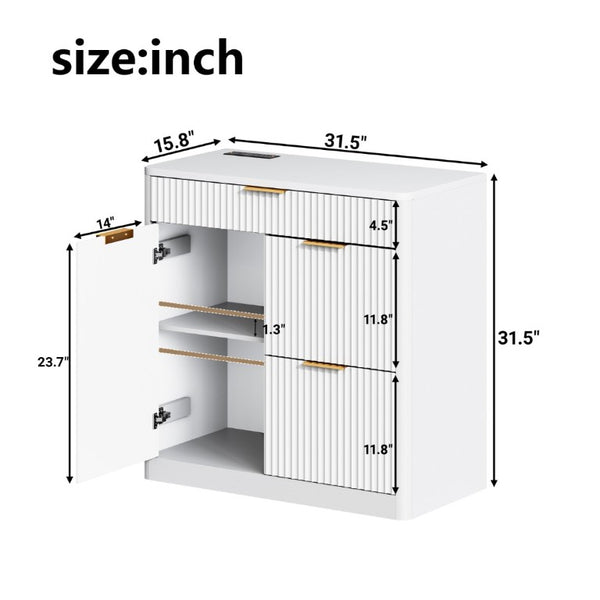 English Elm Freestanding File Cabinet with Charging Station Fluted Design and Adjustable Shelving White W5767P504629