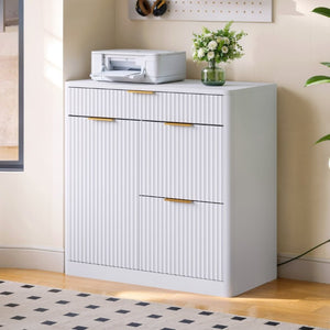 English Elm Freestanding File Cabinet with Charging Station Fluted Design and Adjustable Shelving White W5767P504629