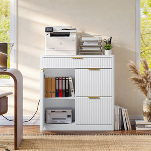 English Elm Freestanding File Cabinet with Charging Station Fluted Design and Adjustable Shelving White W5767P504629