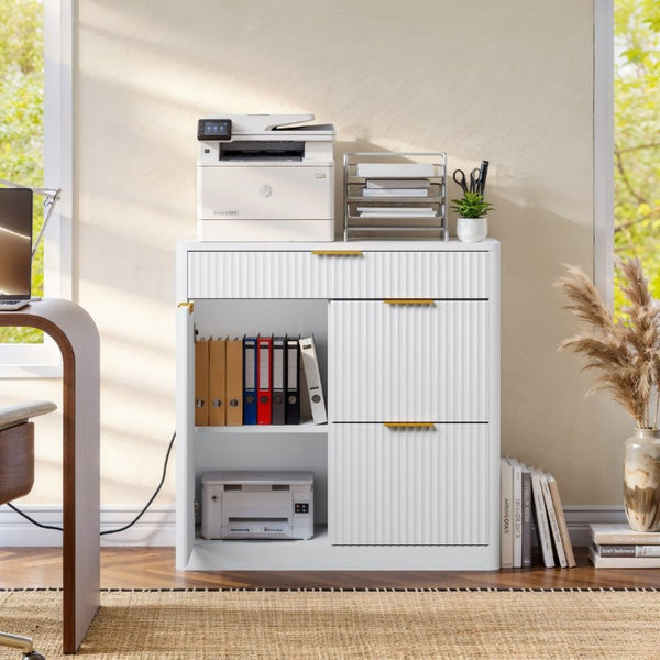 English Elm Freestanding File Cabinet with Charging Station Fluted Design and Adjustable Shelving White W5767P504629