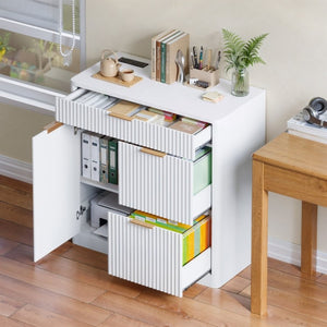 English Elm Freestanding File Cabinet with Charging Station Fluted Design and Adjustable Shelving White W5767P504629