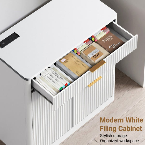 English Elm Freestanding File Cabinet with Charging Station Fluted Design and Adjustable Shelving White W5767P504629