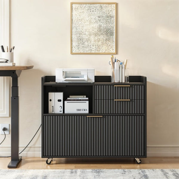 English Elm Mobile File Cabinet Fluted Matte Black Rolling Office Storage with Built in Charging W5767P505041