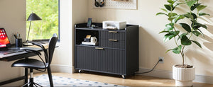 English Elm Mobile File Cabinet Fluted Matte Black Rolling Office Storage with Built in Charging W5767P505041
