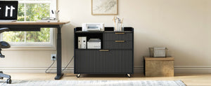English Elm Mobile File Cabinet Fluted Matte Black Rolling Office Storage with Built in Charging W5767P505041