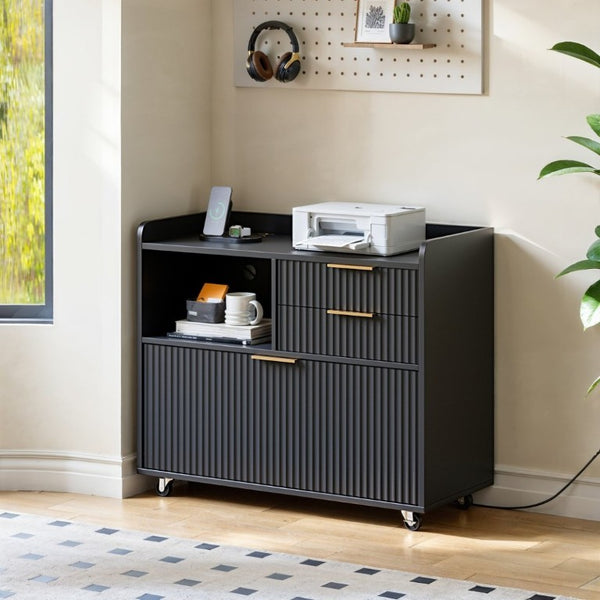 English Elm Mobile File Cabinet Fluted Matte Black Rolling Office Storage with Built in Charging W5767P505041