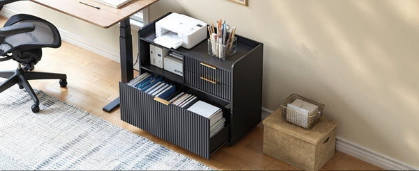 English Elm Mobile File Cabinet Fluted Matte Black Rolling Office Storage with Built in Charging W5767P505041