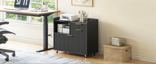 English Elm Mobile File Cabinet Fluted Matte Black Rolling Office Storage with Built in Charging W5767P505041