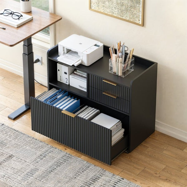 English Elm Mobile File Cabinet Fluted Matte Black Rolling Office Storage with Built in Charging W5767P505041