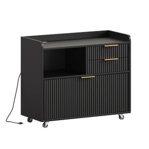 English Elm Mobile File Cabinet Fluted Matte Black Rolling Office Storage with Built in Charging W5767P505041