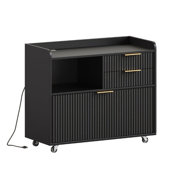 English Elm Mobile File Cabinet Fluted Matte Black Rolling Office Storage with Built in Charging W5767P505041