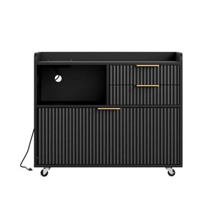 English Elm Mobile File Cabinet Fluted Matte Black Rolling Office Storage with Built in Charging W5767P505041