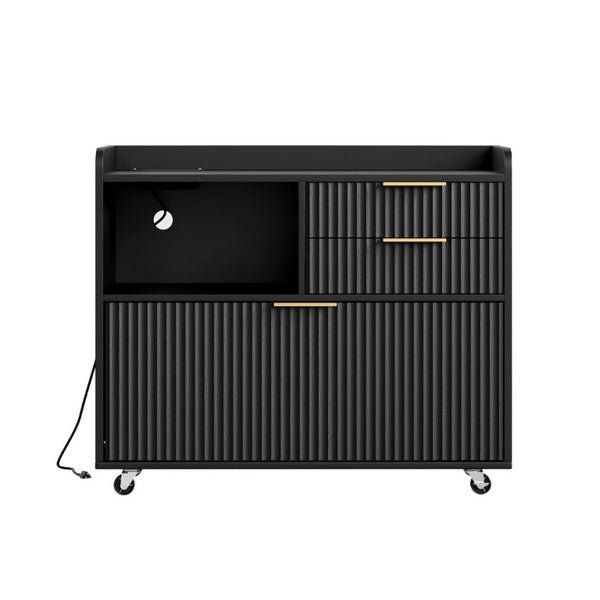 English Elm Mobile File Cabinet Fluted Matte Black Rolling Office Storage with Built in Charging W5767P505041