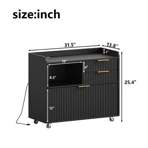 English Elm Mobile File Cabinet Fluted Matte Black Rolling Office Storage with Built in Charging W5767P505041