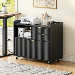 English Elm Mobile File Cabinet Fluted Matte Black Rolling Office Storage with Built in Charging W5767P505041