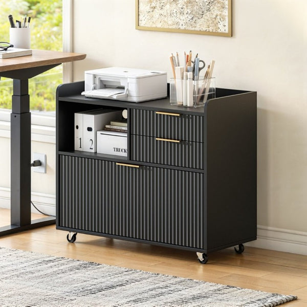 English Elm Mobile File Cabinet Fluted Matte Black Rolling Office Storage with Built in Charging W5767P505041