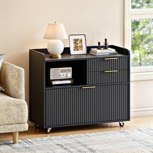 English Elm Mobile File Cabinet Fluted Matte Black Rolling Office Storage with Built in Charging W5767P505041