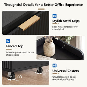 English Elm Mobile File Cabinet Fluted Matte Black Rolling Office Storage with Built in Charging W5767P505041