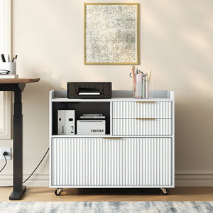 English Elm Mobile Fluted File Cabinet with Built-In Power Socket Open Shelf and Locking Casters W5767P505043