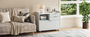 English Elm Mobile Fluted File Cabinet with Built-In Power Socket Open Shelf and Locking Casters W5767P505043