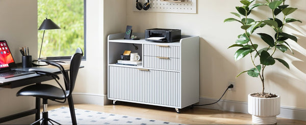 English Elm Mobile Fluted File Cabinet with Built-In Power Socket Open Shelf and Locking Casters W5767P505043