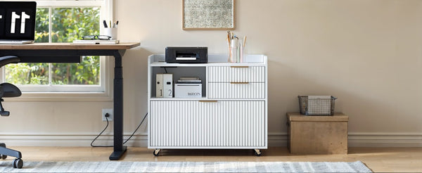 English Elm Mobile Fluted File Cabinet with Built-In Power Socket Open Shelf and Locking Casters W5767P505043