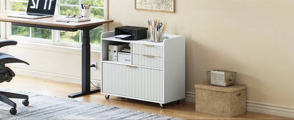 English Elm Mobile Fluted File Cabinet with Built-In Power Socket Open Shelf and Locking Casters W5767P505043