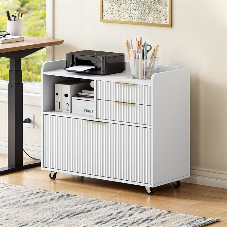 English Elm Mobile Fluted File Cabinet with Built-In Power Socket Open Shelf and Locking Casters W5767P505043