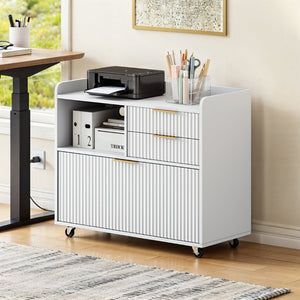 English Elm Mobile Fluted File Cabinet with Built-In Power Socket Open Shelf and Locking Casters W5767P505043