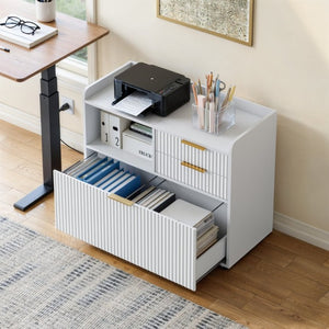 English Elm Mobile Fluted File Cabinet with Built-In Power Socket Open Shelf and Locking Casters W5767P505043