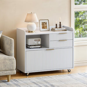 English Elm Mobile Fluted File Cabinet with Built-In Power Socket Open Shelf and Locking Casters W5767P505043