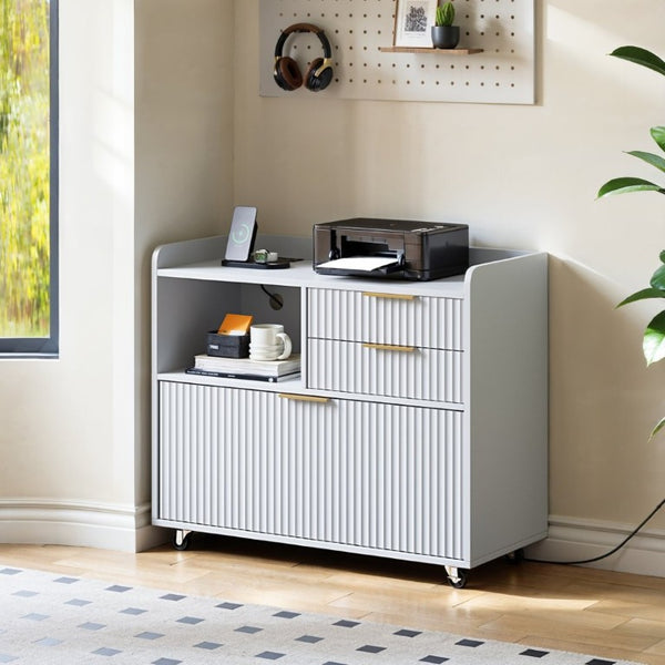 English Elm Mobile Fluted File Cabinet with Built-In Power Socket Open Shelf and Locking Casters W5767P505043