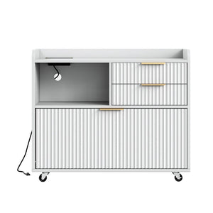English Elm Mobile Fluted File Cabinet with Built-In Power Socket Open Shelf and Locking Casters W5767P505043