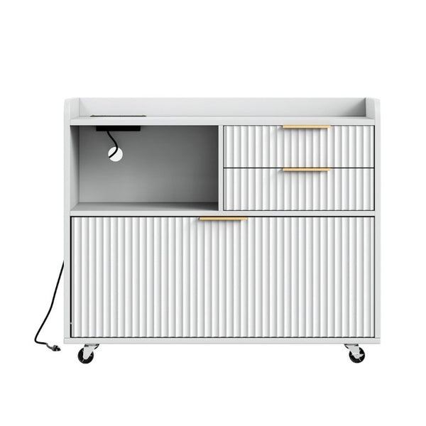 English Elm Mobile Fluted File Cabinet with Built-In Power Socket Open Shelf and Locking Casters W5767P505043