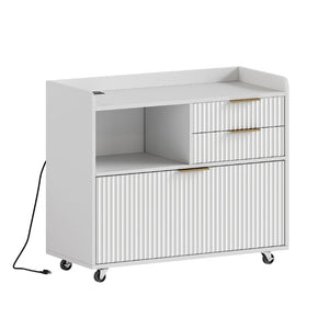 English Elm Mobile Fluted File Cabinet with Built-In Power Socket Open Shelf and Locking Casters W5767P505043