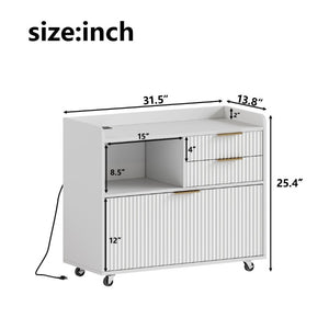 English Elm Mobile Fluted File Cabinet with Built-In Power Socket Open Shelf and Locking Casters W5767P505043
