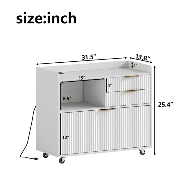 English Elm Mobile Fluted File Cabinet with Built-In Power Socket Open Shelf and Locking Casters W5767P505043
