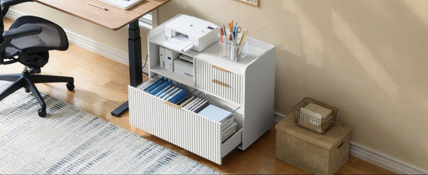 English Elm Mobile Fluted File Cabinet with Built-In Power Socket Open Shelf and Locking Casters W5767P505043
