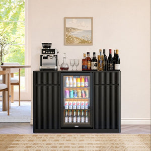 English Elm 53.2Fluted Sideboard with Fridge Nook Charging Station and Stemware Rack for Modern Living Black W5767P505605