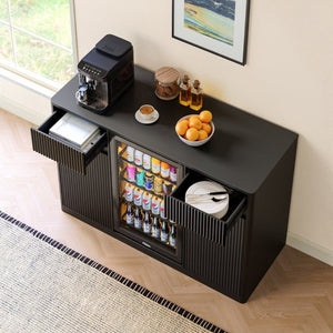 English Elm 53.2Fluted Sideboard with Fridge Nook Charging Station and Stemware Rack for Modern Living Black W5767P505605
