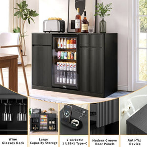English Elm 53.2Fluted Sideboard with Fridge Nook Charging Station and Stemware Rack for Modern Living Black W5767P505605
