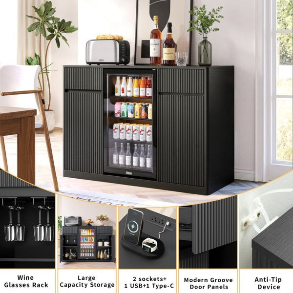 English Elm 53.2Fluted Sideboard with Fridge Nook Charging Station and Stemware Rack for Modern Living Black W5767P505605