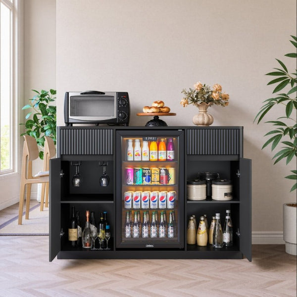 English Elm 53.2Fluted Sideboard with Fridge Nook Charging Station and Stemware Rack for Modern Living Black W5767P505605