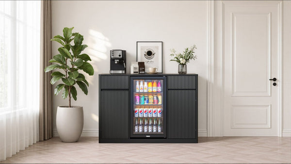 English Elm 53.2Fluted Sideboard with Fridge Nook Charging Station and Stemware Rack for Modern Living Black W5767P505605